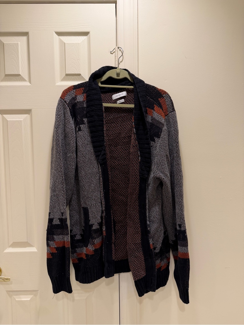 Patterned Cardigan Sweater - Gray/Black with Rust Accents